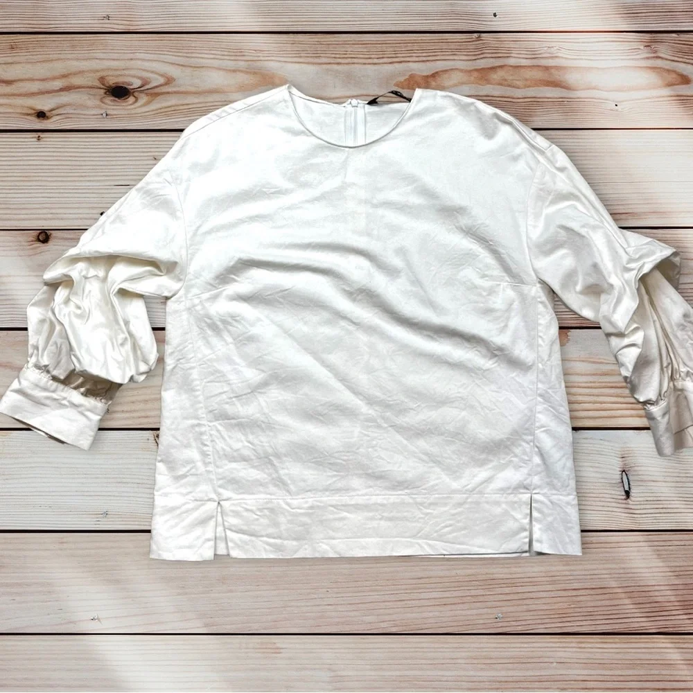 Zara Avant ruched Minimalist white blouse scrunchy‎ sleeve size XS - Picture 5 of 8